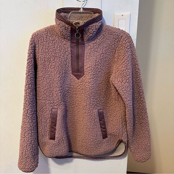 XS Abercrombie & Fitch Sherpa Half-Zip Satin Trim Sweatshirt in Mauve - Picture 3 of 9